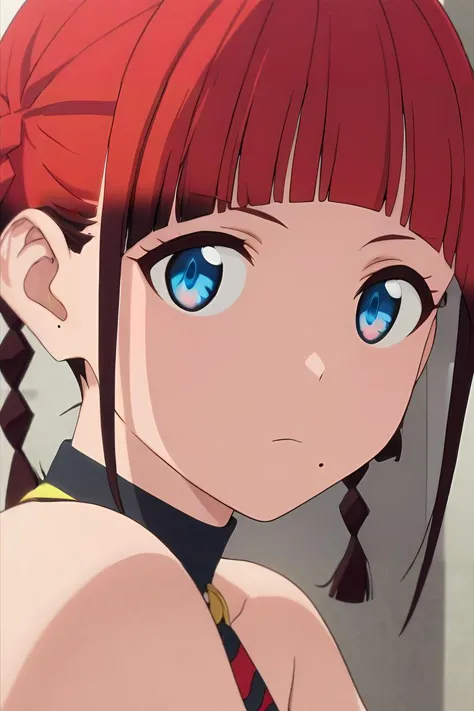 anime girl with red hair and blue eyes looking at camera