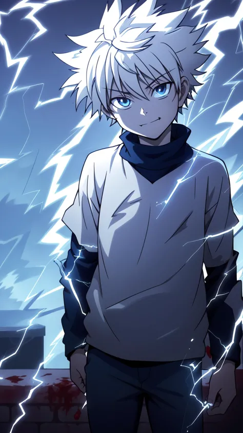 anime boy with white hair and blue eyes standing in front of lightning