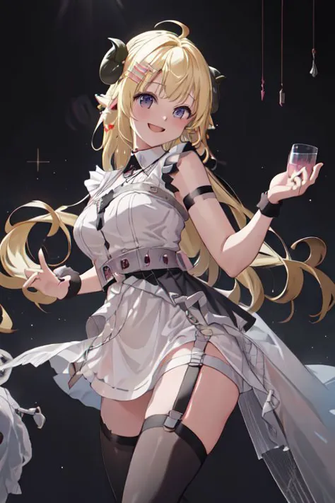 a woman in a maid outfit holding a glass of wine