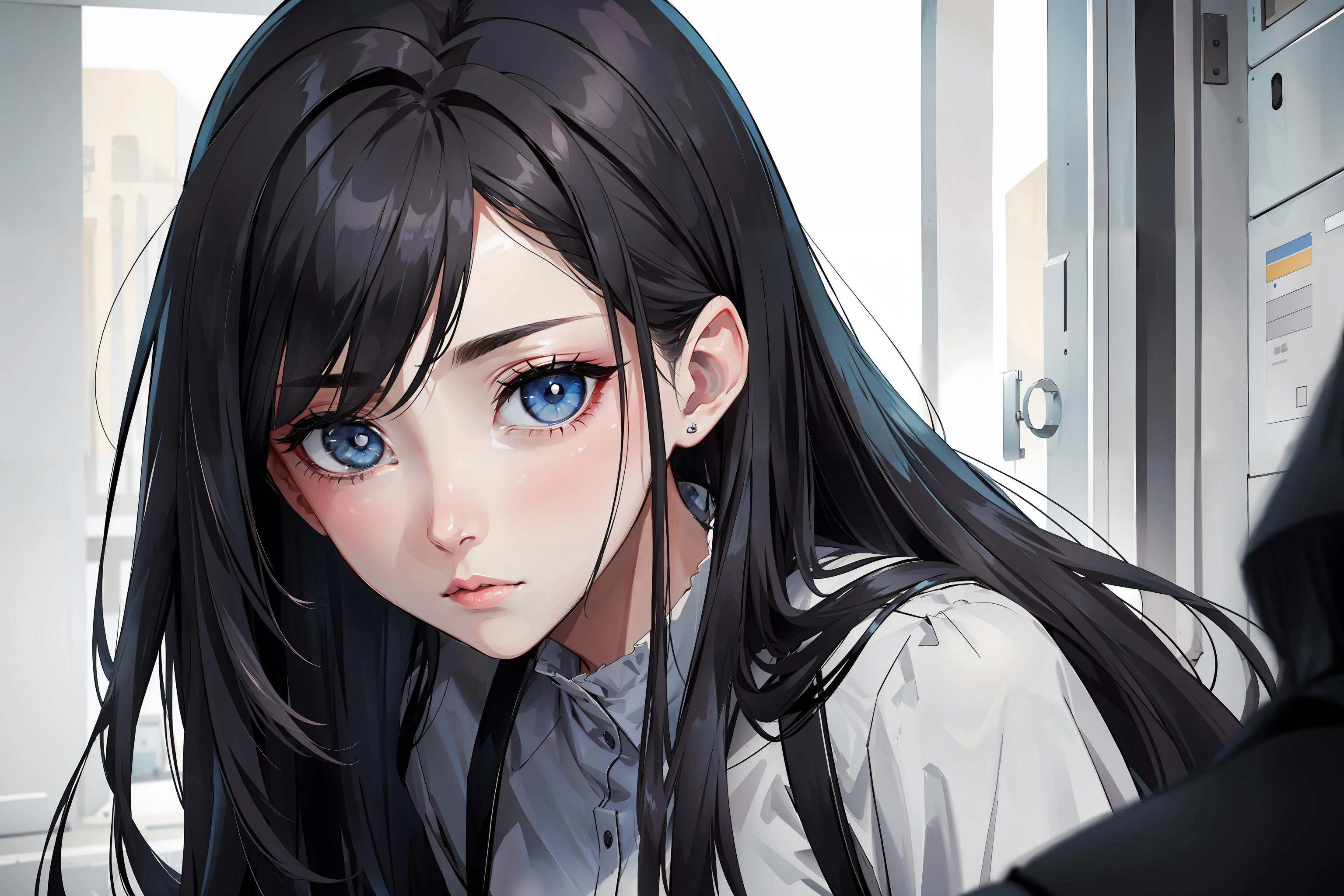 Anime girl with long black hair and blue eyes looking at the camera -  SeaArt AI