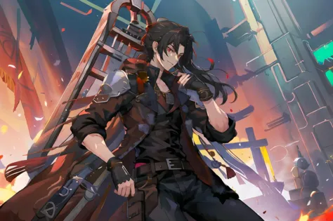 anime character with long hair and a black coat standing in front of a building