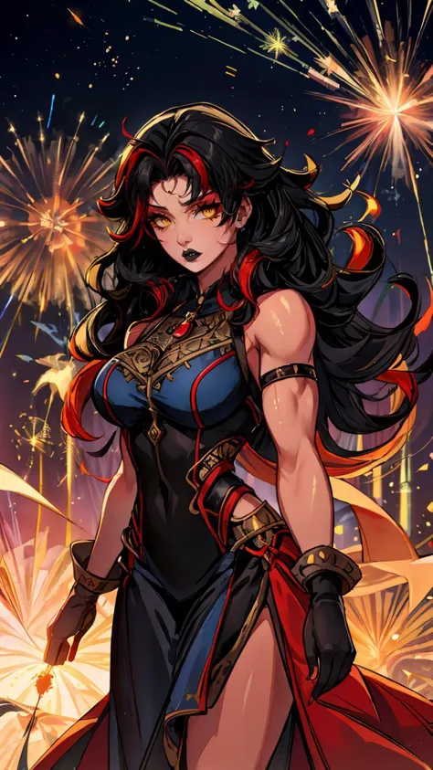 (masterpiece, best quality, ultra-detailed, intricate details),((perfect female figure)),
(beautiful detailed eyes, ultra-detailed, intricate details,perfect_face,perfect_hand),
1 girl,female,((solo:1.5)),full body,sfw,
<lora:RedSheHulk-10:0.6>,RedSheHulk,yellow eyes,red skin,black hair,striped black leotard,two-tone hair,muscular female,
large breasts,
curly hair:1.2,
sidecut,
hair over shoulder,
breast grab,
Raised arms behind her, palms touching:1.5,
Celestial alchemy lab with brewing potions and mystical reactions. background,
Sparklers held by the subject for a dynamic and energetic effect (Sparklers).,
<lora:more_details:0.5>,
Family Movie Style,
overcast,
<lora:GoodHands-beta2:1>,<lora:PerfectFullBreasts-fCV3.5:1>,breasts,
cocktail dress,