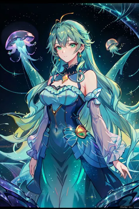 Earth-QualityPos, Best_QualityPos, CelShade,
professional image of a cute young woman, (frilly elegant glossy dark holographic dress, crescent brooch, crescent earrings, crescent accessories),
(long aquatic hair, light blue hair with light green hairtips, gradient hair, multicolored hair), (green eyes, perfect face), (sparkles, sparkling clothes, sparkles near eyes, sparkling water),
(intricate aquatic background, underwater, sparkling water, ocean floor, bubbles), (corral reef, starfish, jellyfish, seaweed),
(absurdres, incredibly absurdres, huge filesize, High quality texture, physically-based rendering, Ray tracing, octane render, sharp focus, (8k), (4k), (Masterpiece), (Best Quality), extremely detailed, intricate, hyper detailed, high resolution, sharp detail)