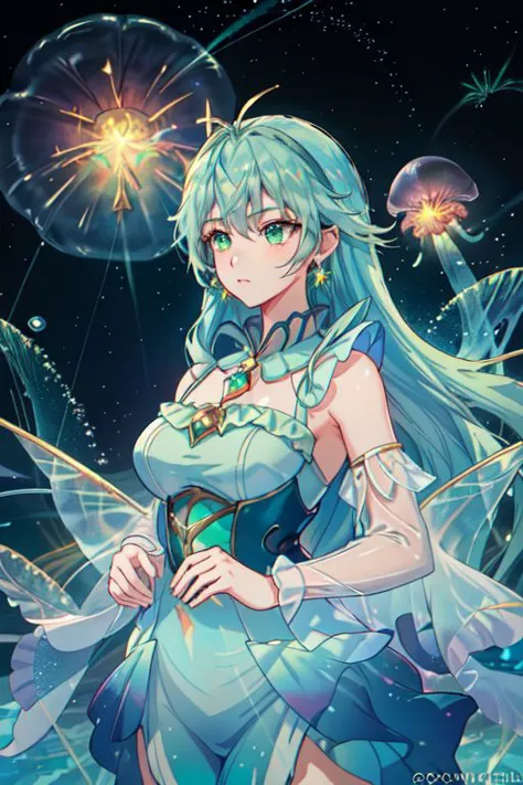 Earth-QualityPos, Best_QualityPos, CelShade,
professional (cowboy shot) of a cute young woman, (frilly elegant glossy holographic dress, crescent brooch, crescent earrings, crescent accessories),
(long aquatic hair, light blue hair with light green hairtips, gradient hair, multicolored hair), (green eyes, perfect face), (sparkles, sparkling clothes, sparkles near eyes, sparkling water),
(intricate aquatic background, underwater, sparkling water, ocean floor, bubbles), (corral reef, starfish, jellyfish, seaweed),
(absurdres, incredibly absurdres, huge filesize, High quality texture, physically-based rendering, Ray tracing, octane render, sharp focus, (8k), (4k), (Masterpiece), (Best Quality), extremely detailed, intricate, hyper detailed, high resolution, sharp detail)