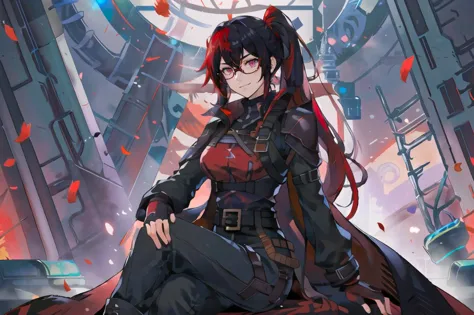 ultra detailed, masterpiece, best quality,  <lora:SuperSmashBrosUltimate:0.75> SmashBros Ultimate Style,
solo, cowboy shot, crossed legs, sitting, throne, throne room, red banner, falling petals, italian mafia,
smug smile,
1girl, purple eyes, red-framed eyewear, (black hair, red colored tips:1.2), red streaked hair, very long hair, side ponytail, tied hair, medium breasts,
coat on shoulders, red dress, sleeves rolled up, fingerless gloves, holster, belt, multiple belts, combat boots, bulletproof vest, pants, black coat, tactical clothes,