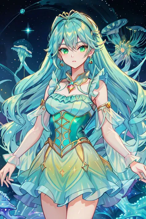 Earth-QualityPos, Best_QualityPos, CelShade,
professional (cowboy shot) of a cute young woman, (frilly elegant glossy holographic dress, crescent brooch, crescent earrings, crescent accessories),
(long aquatic hair, light blue hair with light green hairtips, gradient hair, multicolored hair), (green eyes, perfect face), (sparkles, sparkling clothes, sparkles near eyes, sparkling water),
(intricate aquatic background, underwater, sparkling water, ocean floor, bubbles), (corral reef, starfish, jellyfish, seaweed),