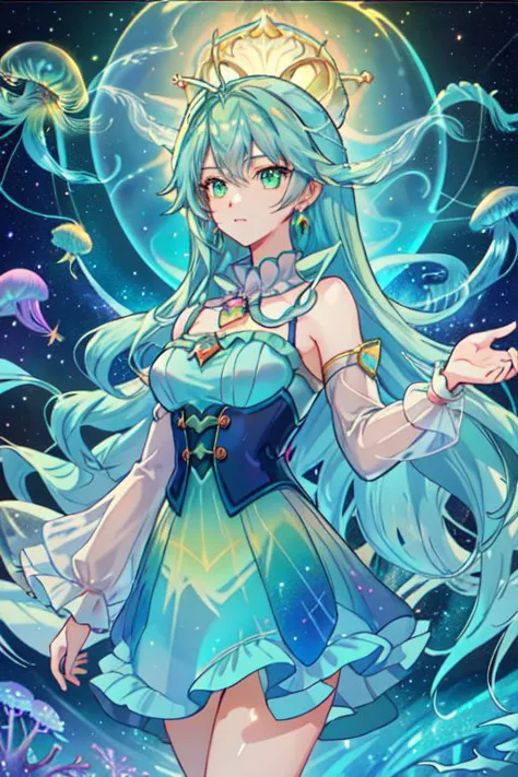 Earth-QualityPos, Best_QualityPos, CelShade,
professional (cowboy shot) of a cute young woman, (frilly elegant glossy holographic dress, crescent brooch, crescent earrings, crescent accessories),
(long aquatic hair, light blue hair with light green hairtips, gradient hair, multicolored hair), (green eyes, perfect face), (sparkles, sparkling clothes, sparkles near eyes, sparkling water),
(intricate aquatic background, underwater, sparkling water, ocean floor, bubbles), (corral reef, starfish, jellyfish, seaweed),