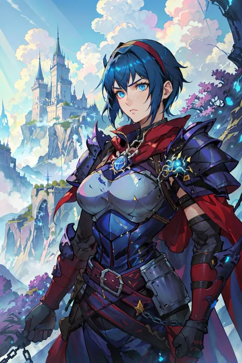 ((medieval fantasy)), castle wall top background, merlons, blue sky, clouds, forest, mountains in the distance, (adult), female knight standing on a castle wall, (dark blue hair), short hair, (messy cut), ((beautiful face)), blue eyes, strong, freckles, lot of details, perfect hands, detailed, refined, best quality, (intense shadows), (intense lighting),extreme detailed background, high detailed clothing, (detailed:1.1), ((anime style)), ((masterpiece)), ((knight armor)), cuirass, gauntlets, pauldrons, belt, armor leggings, chainmail, hairband, cloak, ((upper body shot)), <lora:tenchizone2:0.5>,  <lora:GothicPunkAI:0.5>