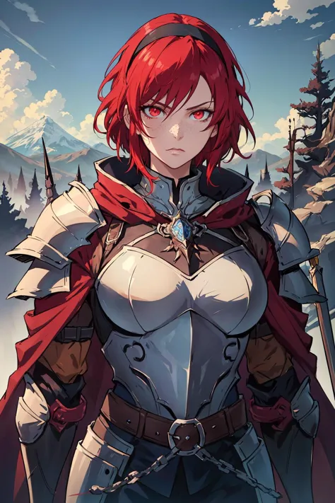 ((medieval fantasy)), blue sky, clouds, forest, mountains in the distance, (adult), female knight, (red hair), short hair, (messy cut), ((beautiful face)), red eyes, strong, freckles, lot of details, perfect hands, detailed, refined, best quality, (intense shadows), (intense lighting),extreme detailed background, high detailed clothing, (detailed:1.1), ((anime style)), ((masterpiece)), ((knight armor)), cuirass, gauntlets, pauldrons, belt, armor leggings, chainmail, hairband, cloak, ((upper body shot)), <lora:tenchizone2:0.5>, <lora:GothicPunkAI:0.5>