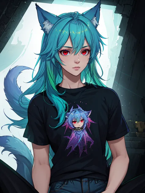 anime girl with blue hair and blue eyes wearing a black shirt