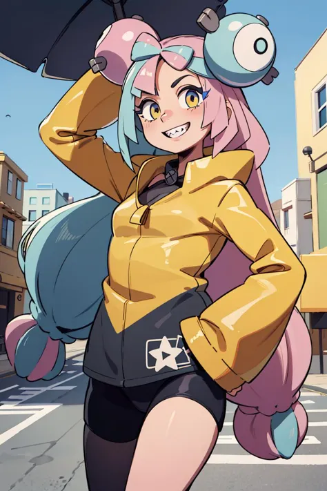 ((masterpiece,best quality)), absurdres, long hair,  <lora:iono_v1-000006:0.8>, iono1, yellow jacket, oversized clothes, street, cowboy shot, smile, solo, smiling, looking at viewer, cowboy shot,  cinematic composition, dynamic pose, contrapposto,