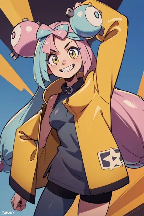 a cartoon girl with a pink hair and a yellow jacket