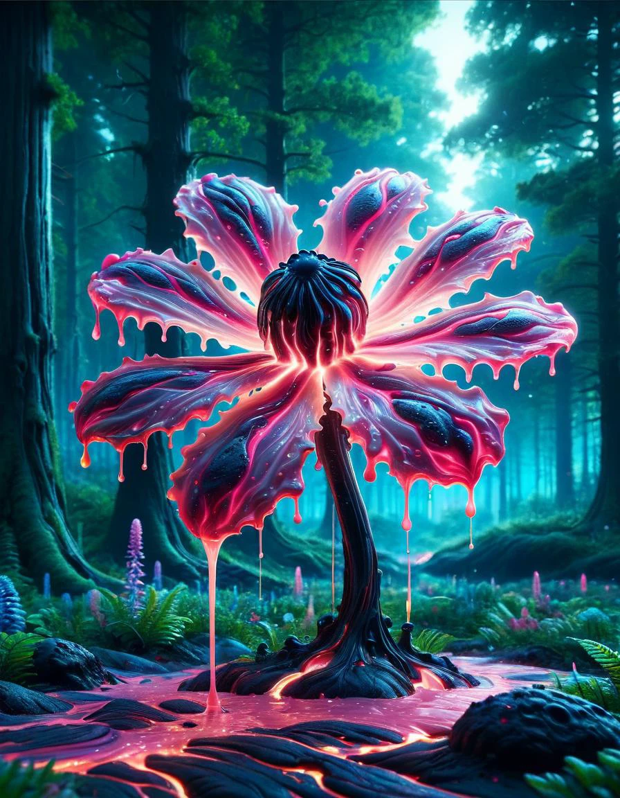 Tintenillustration, biolumineszierende rosa Blume, fabelhafter Nachtwald, magische Ausstrahlung, Konzeptkunst,Tiefenschärfem, realistisch, filmische Beleuchtung, weiche Schatten,Fraktal, bunt, Tiefenschärfe , lebendige Farben, volumetrische Beleuchtung, Tintenflecken, ink splatters, ink runs, Tintenflecken, verblasste Tinte Ral-Lava