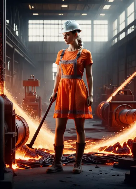 a young woman with braided ponytails wearing a lace summer dress and hardhat, holding a (crowbar:1.1), inside a steelwork factor...