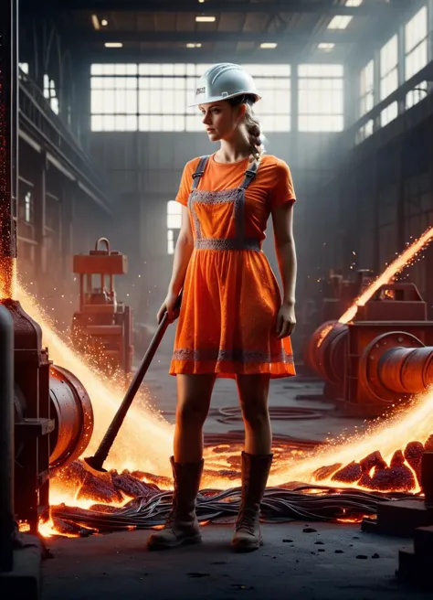 a young woman with braided ponytails wearing a lace summer dress and hardhat, holding a (crowbar:1.1), inside a steelwork factory, molten metal, sparks, fire <lora:ral-lava-sdxl:0.8> ral-lava, subsurface scattering, Photorealistic, Hyperrealistic, analog style, realistic, film photography, soft lighting, heavy shadow