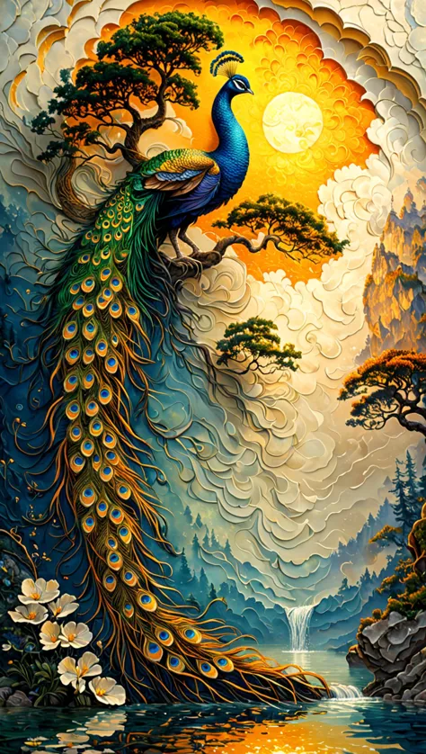 romantic art, low angle, This fantastical painting depicts a single peacock drinking water from a tranquil lake at sunset with c...