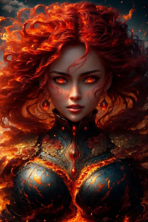 A sublime woman, cute face, emerges from a raging fire, cute face, red flaming eyes, her breathing ignites fire, long red floati...