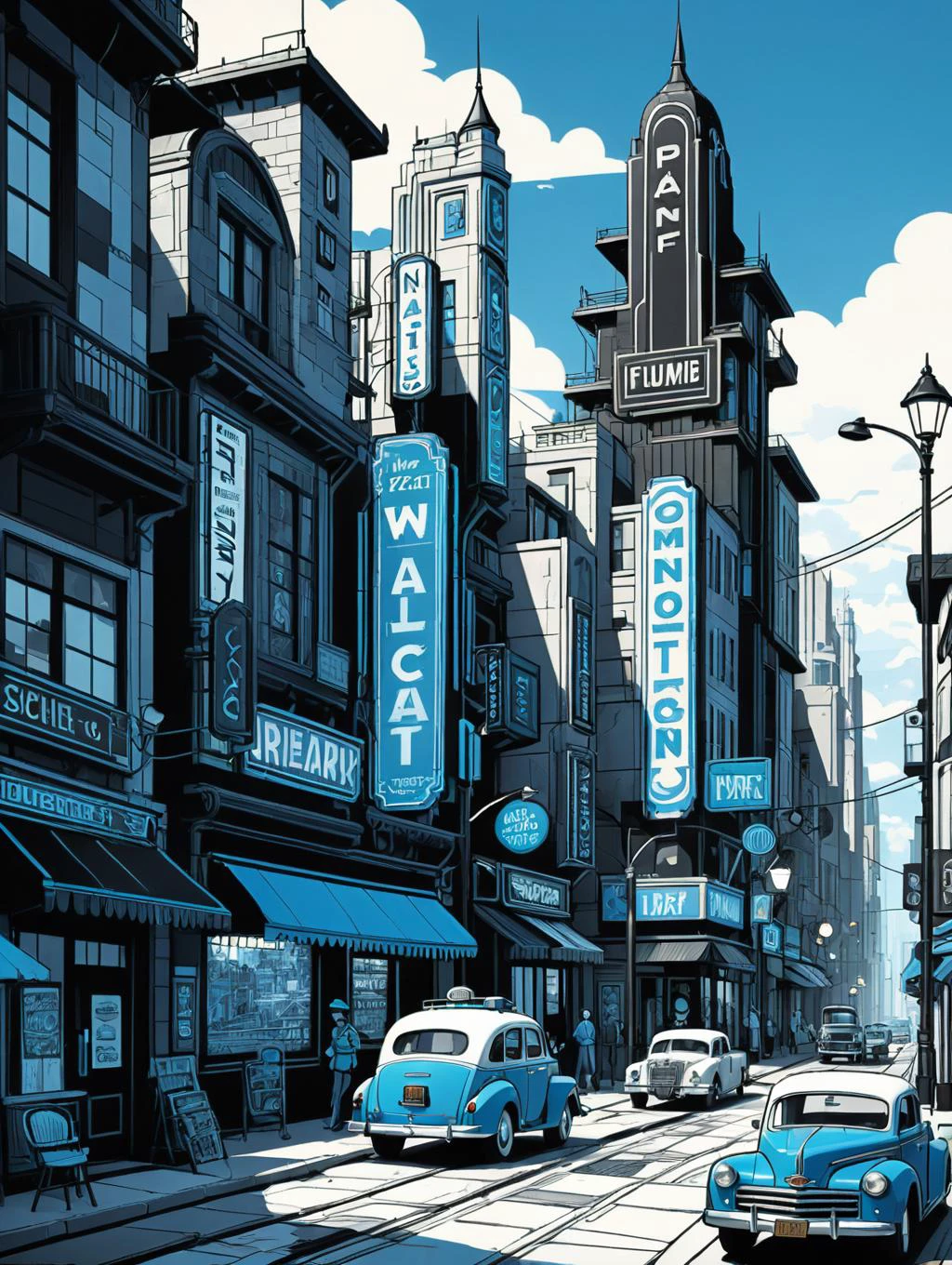 Extremely detailed, badass poster design, Art Noir/Art Deco. The artwork features an old, retro traditional patchwork of a busy town, Minimalist color scheme of blue and black
A sketch, Sketchfab, 2D, trending in Artstation, black and white, pencil and marker, style by Pixar, Dreamworks, Illumination cartoon