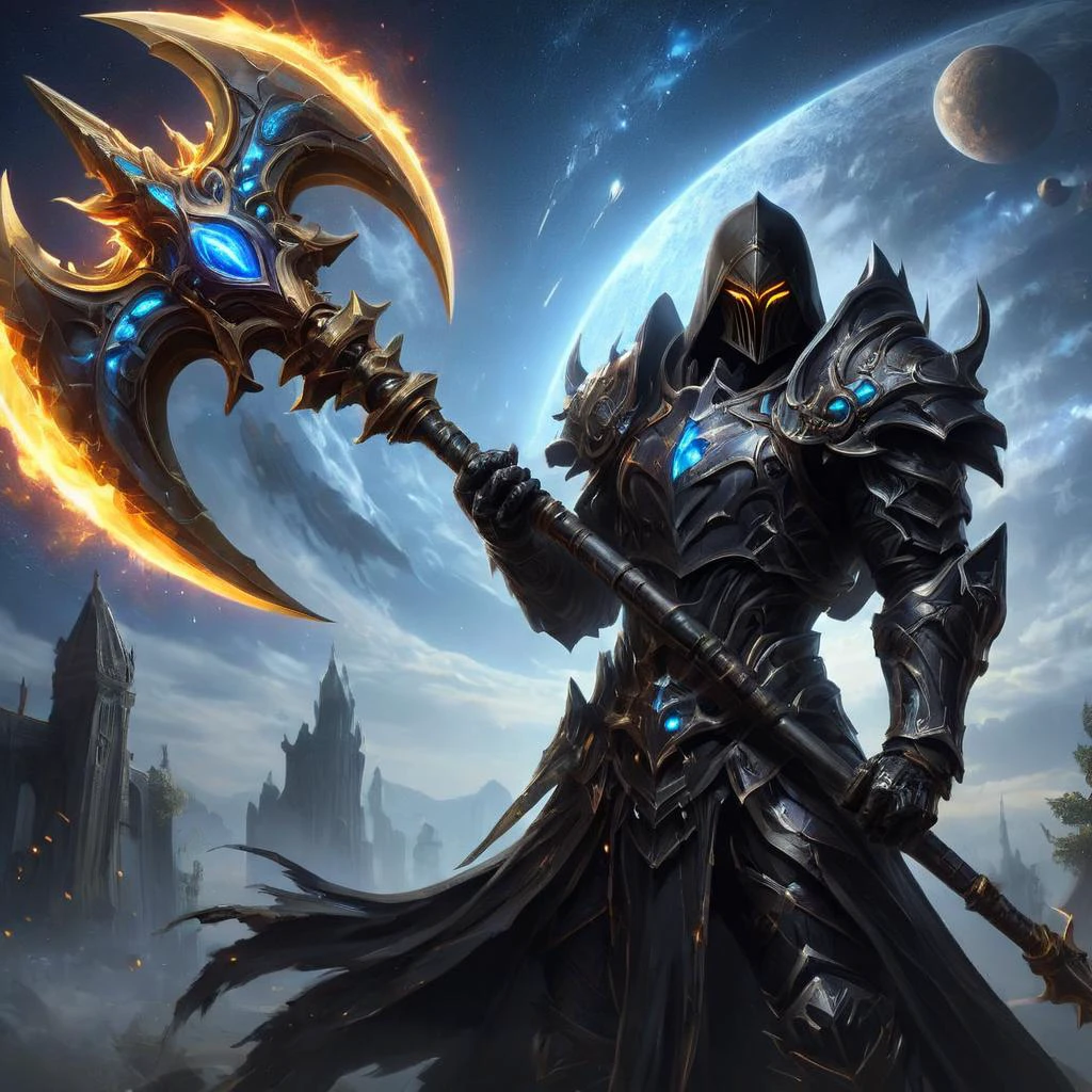 an anime image of a fantasy game knight, wielding a galaxy Battleaxe, galaxy print on the battleaxe, wearing black armor, allay in background, digital art, HD, masterpiece, best quality, hyper detailed, ultra detailed,