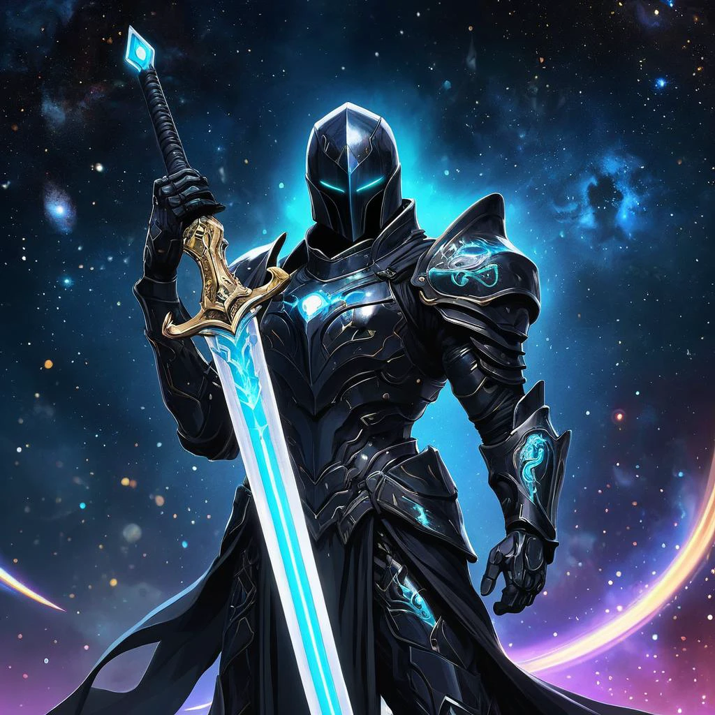 ein Anime-Bild eines Fantasy-Spiel-Ritters, ein Galaxienschwert schwingend, Galaxie-Print auf dem Schwert, trägt eine schwarze Rüstung, im Hintergrund, digital art, HD, Meisterwerk, beste Qualität, Hyperdetailliert, Extrem detailliert,