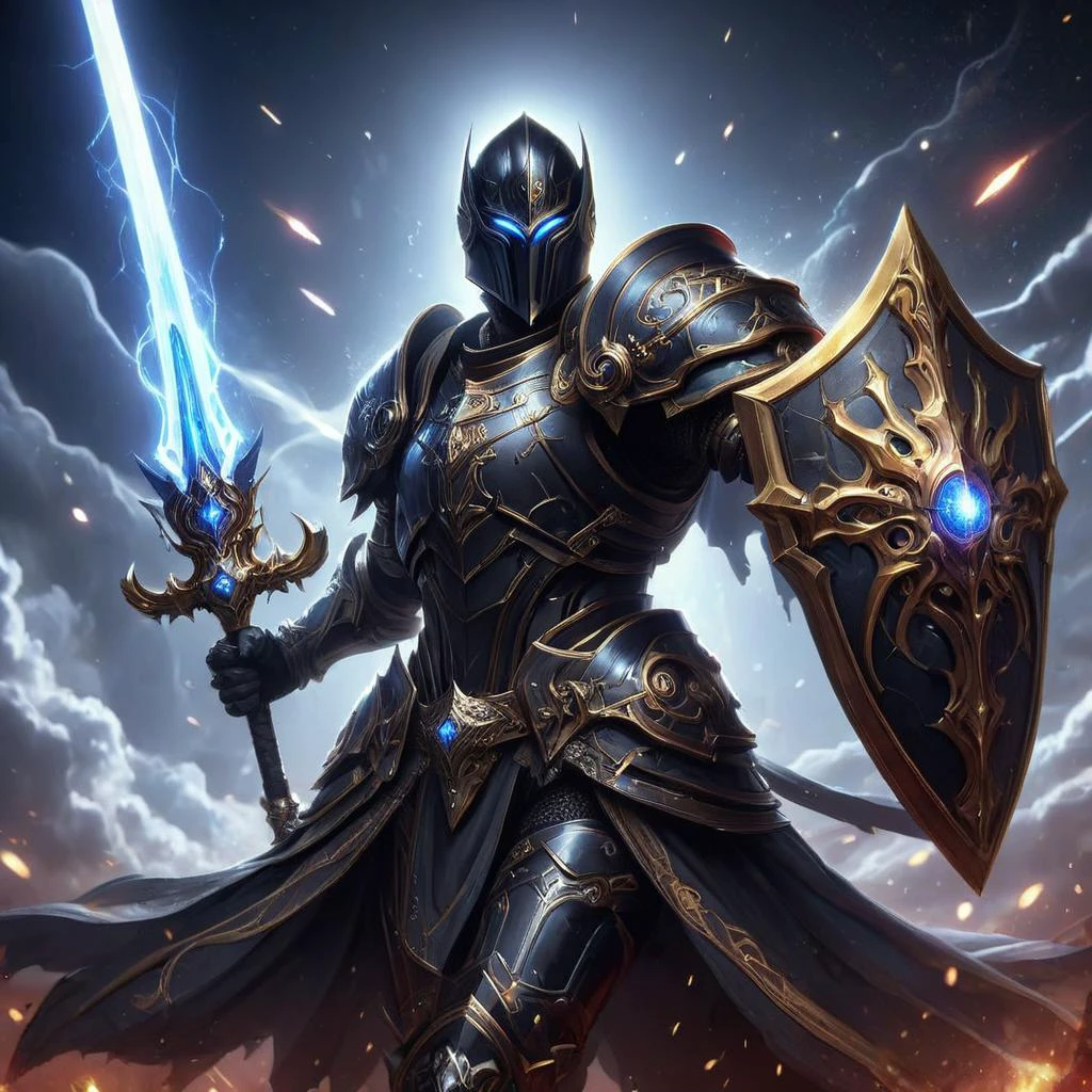 an anime image of a fantasy game knight, wielding a galaxy Sword and shield, galaxy print on the sword and shield, wearing black armor, allay in background, digital art, HD, masterpiece, best quality, hyper detailed, ultra detailed,