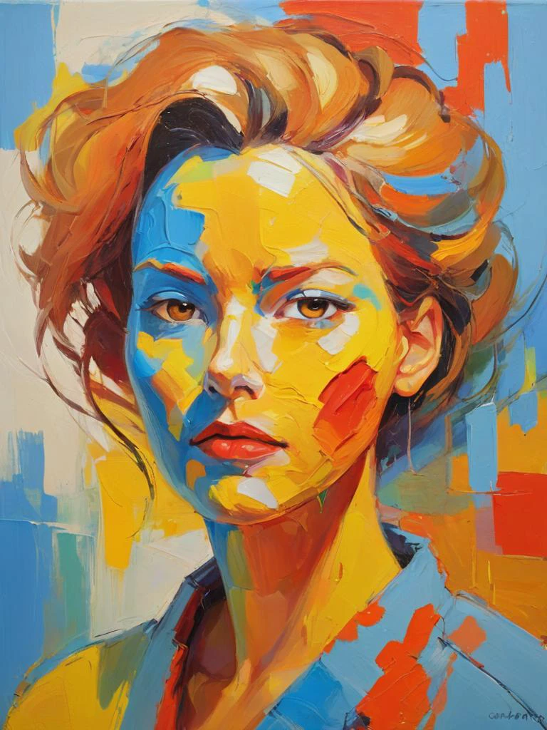 abstract oil painting. energetic brushwork, bold colors, abstract forms, expressive, yellow, blue, red and orange color palette, emotional, bring spring mood (portrait:0.2)