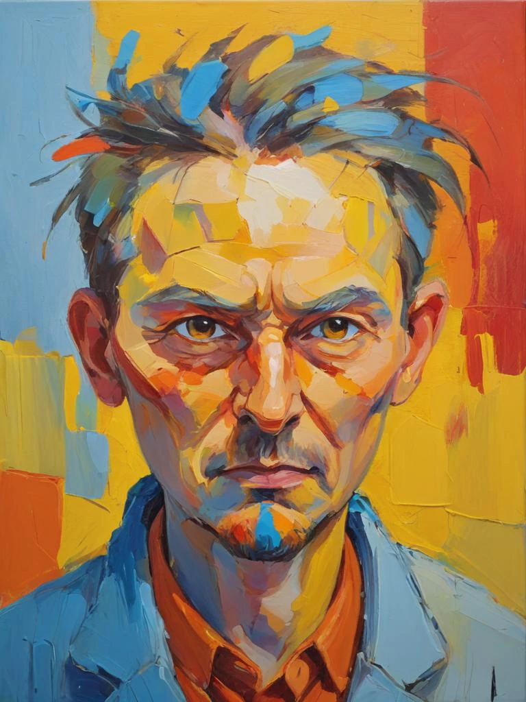 abstract oil painting. energetic brushwork, bold colors, abstract forms, expressive, yellow, blue, red and orange color palette, emotional, bring spring mood (portrait:0.2)