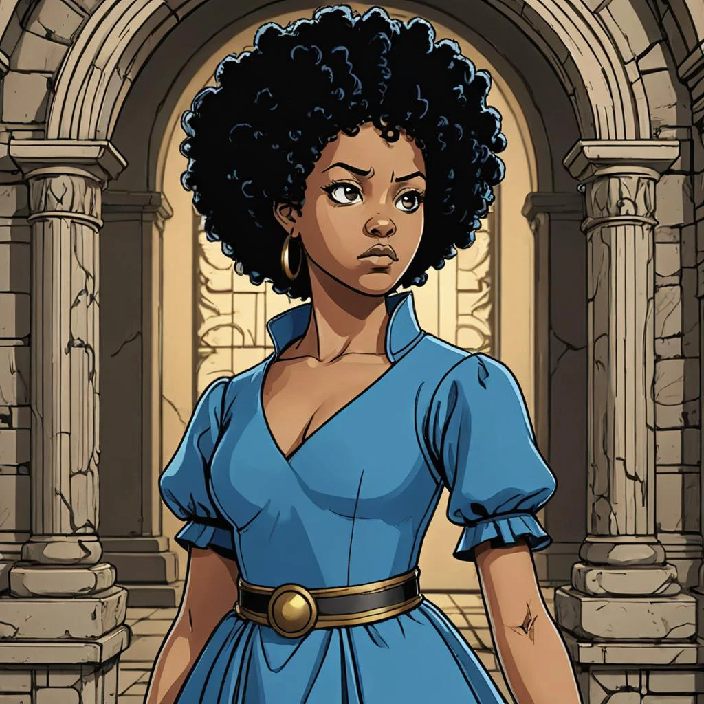 black woman with black afro hair, wearing blue medieval dress, simple anime style, 2D, celshading, thick lineart, heavy black ink lines, posterized, flat color, celshading, toonshading, Cartoon Rendering, Flat Shading, Graphic Novel Style, minimal shading, flat shading, hard color shading