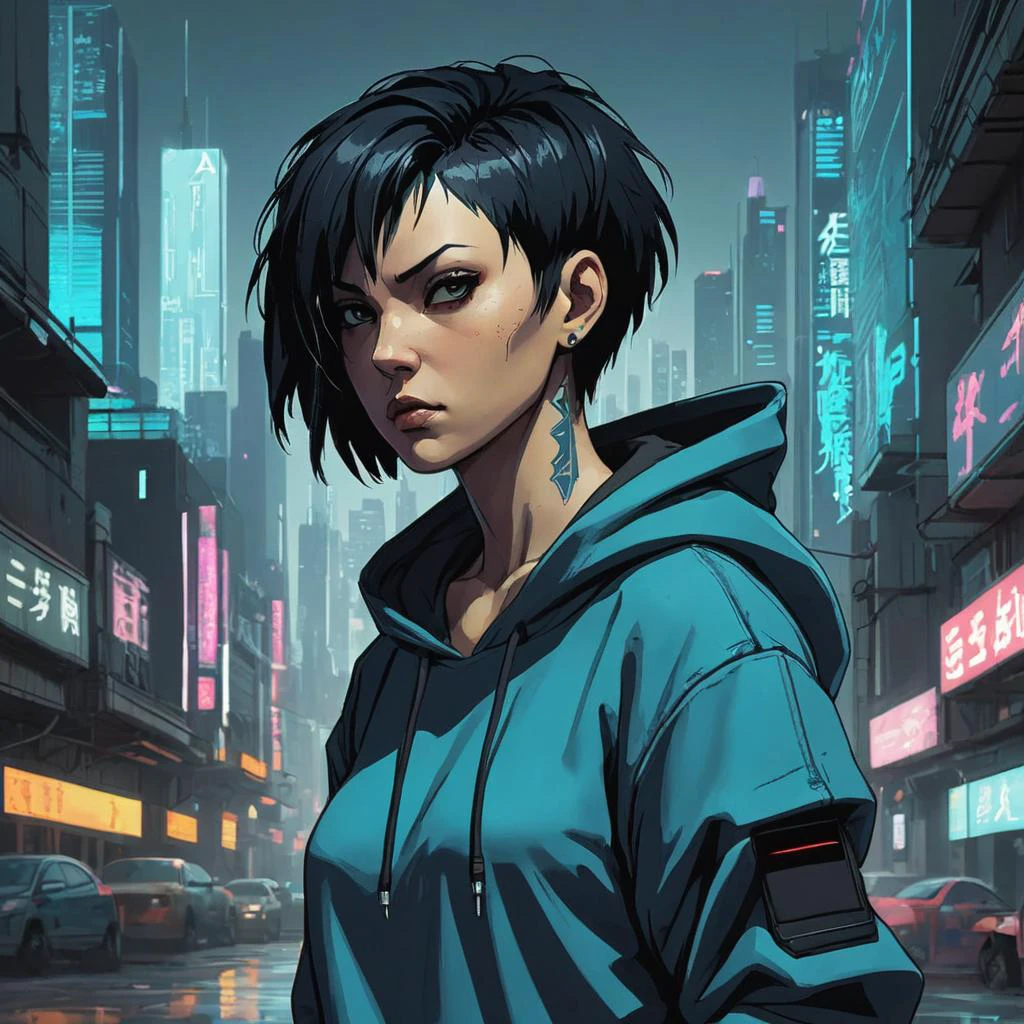 retrato de mulher com cabelo preto curto, moletom azul, parado na cidade cyberpunk