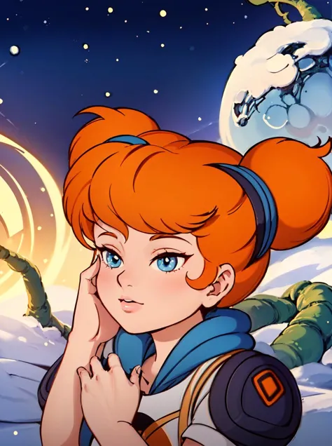 a cartoon girl with red hair and a blue shirt is looking at a moon