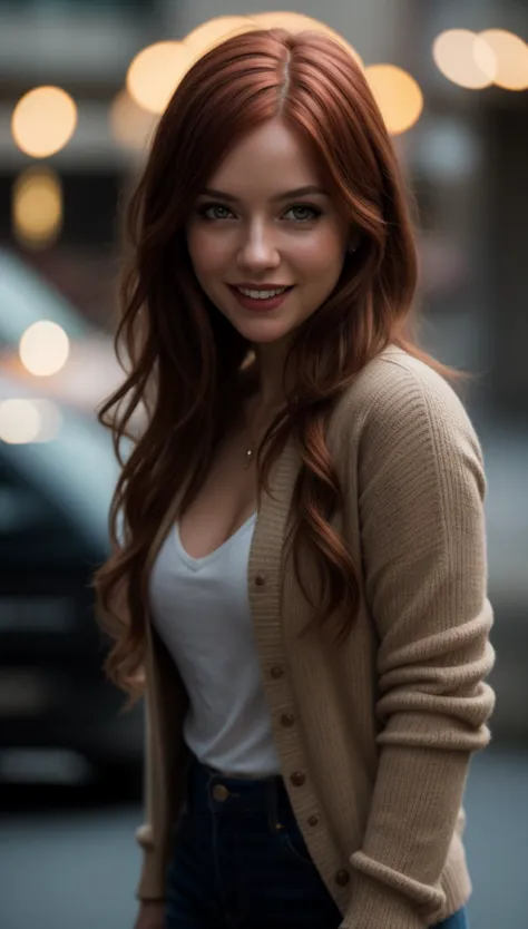 a close up of a woman with long red hair and a sweater