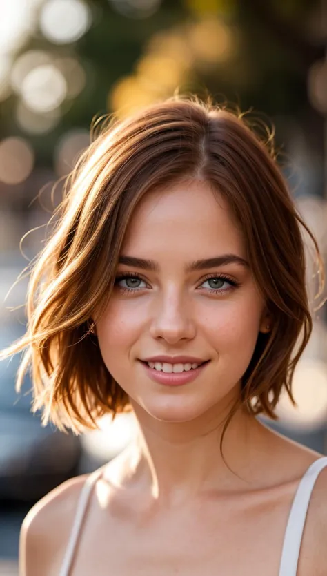 a woman with a short hair and a white top smiles