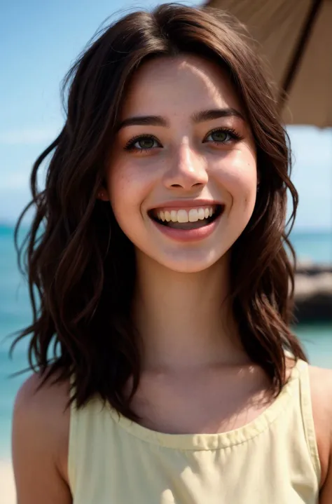 RAW photograph, tv_Mishka_Silva_M,  , laughing expression, wearing a summer dress, standing at a beach bar, tropical resort, col...