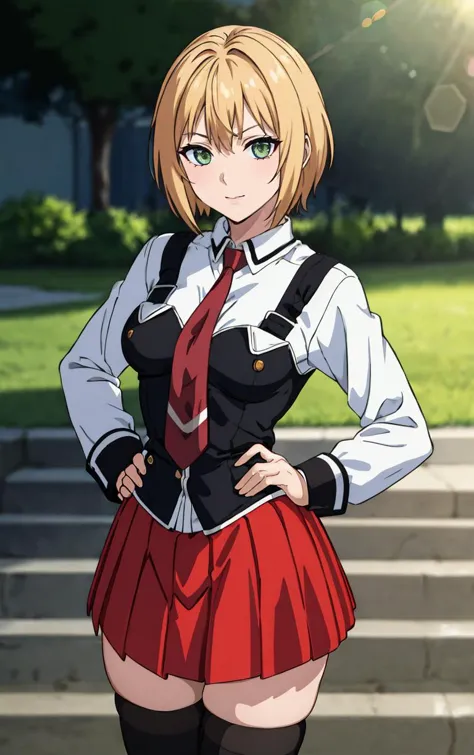 anime girl in uniform posing on steps in front of a building