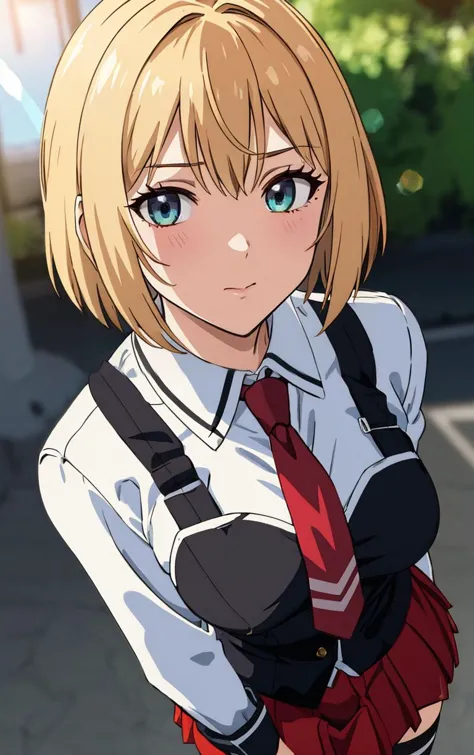 ((masterpiece, best quality)), insaneres, absurdres, solo, outdoors,
CLOTHING_BibleBlack_SchoolDress_ownwaifu, 
1girl, short hair, blonde hair, 
black vest, red skirt, white shirt, collared shirt, suspenders, school uniform, black thighhighs, zettai ryouiki, necktie, long sleeves, pleated skirt, red necktie, 
(portrait, close-up)<lora:CLOTHING_BibleBlack_SchoolDress_ownwaifu:0.8>,
lens flare, depth of field, bokeh, embers, vanishing point, looking at viewer,