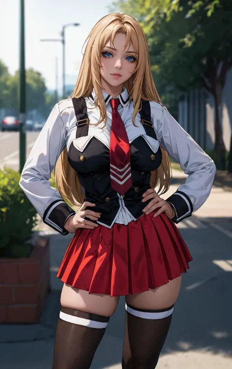 ((masterpiece, best quality)), insaneres, absurdres, solo, outdoors,
CLOTHING_BibleBlack_SchoolDress_ownwaifu, 
1girl, blonde ha...