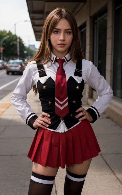 arafed woman in a uniform posing on a city street