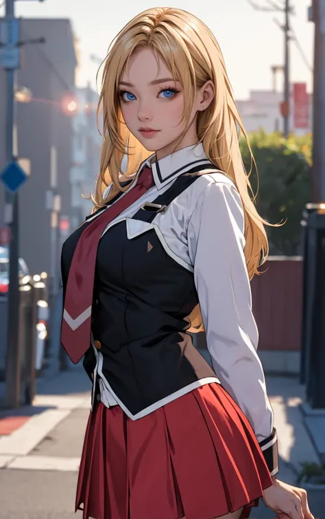 anime girl in uniform posing on the street with a red skirt