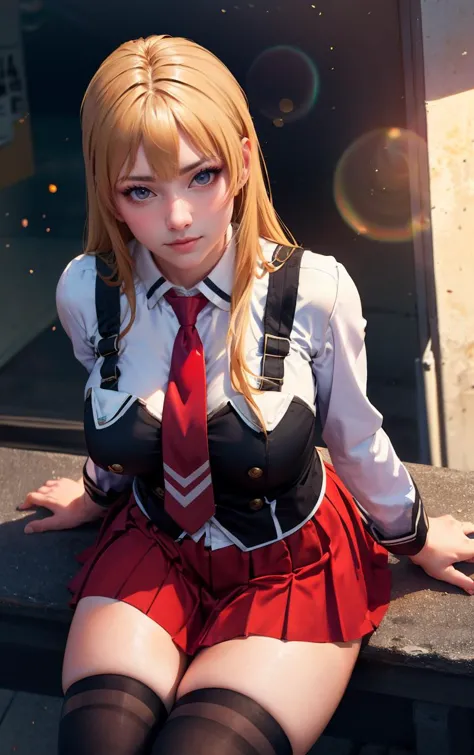 ((chef-d&#39;œuvre, Meilleure qualité)), fous, absurdes, seulement, En plein air,
vêtements_Bibleblack_Robe d&#39;école_proprewaifu, 
1fille, cheveux blond,  cheveux longs, yeux bleus, 
gilet noir, jupe rouge, chemise blanche, chemise à col, bretelles, uniforme scolaire, cuissardes noires, zettaï ryôiki, cravate, manches longues, jupe plissée, red cravate, 
(d&#39;en haut, Séance)reflet, profondeur de champ, bokeh, braise, Point de fuite, regarder le spectateur,