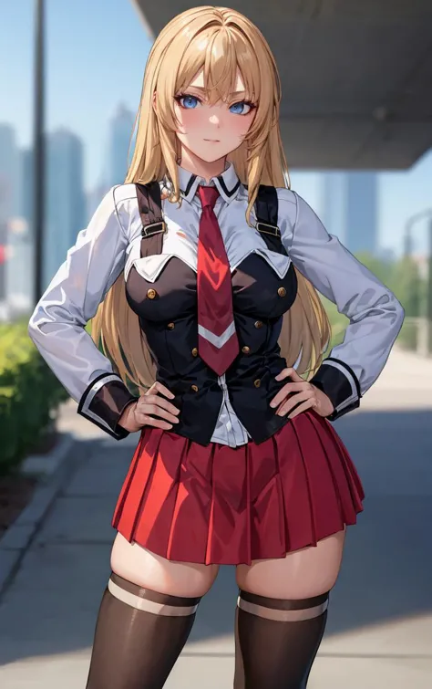 ((masterpiece, best quality)), insaneres, absurdres, solo, outdoors,
CLOTHING_BibleBlack_SchoolDress_ownwaifu, 
1girl, blonde hair,  long hair, blue eyes, 
black vest, red skirt, white shirt, collared shirt, suspenders, school uniform, black thighhighs, zettai ryouiki, necktie, long sleeves, pleated skirt, red necktie, 
(contrapposto, hand on hip)<lora:CLOTHING_BibleBlack_SchoolDress_ownwaifu:1>,
lens flare, depth of field, bokeh, embers, vanishing point, looking at viewer,