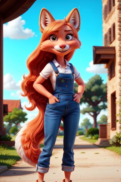 female, youthful, cute, age 19, orange hair, redhead, swedish woman, furry, huge breasts, sultry overalls, fox girl, (anthro fox...