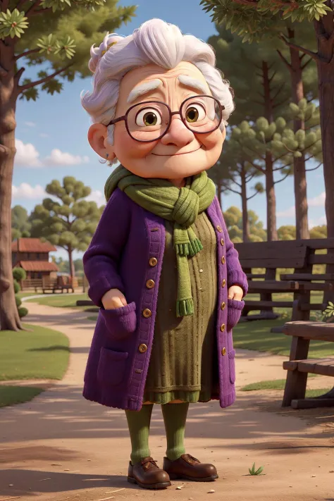 masterpiece, best quality, an old woman with glasses and a scarf on, wearing a purple coat and green scarf, standing at the park