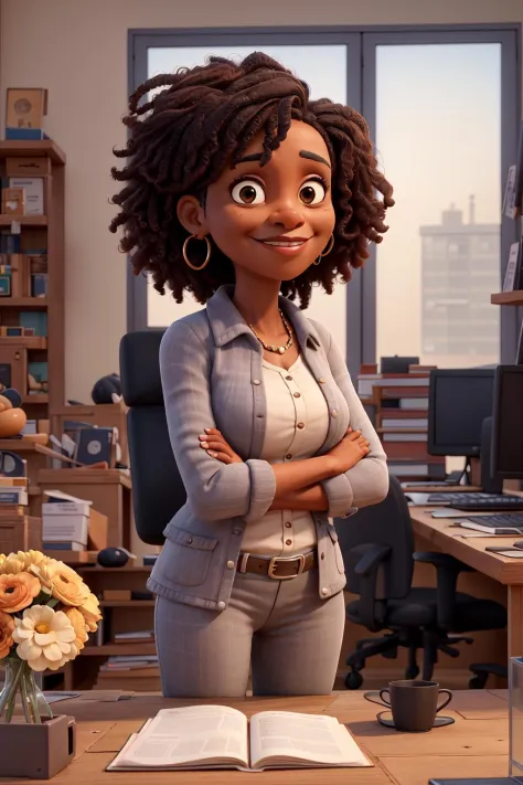 masterpiece, best quality ,Portrait of mid adult successful black mature woman looking at camera with arms crossed. Smiling african american business woman standing in new office .Portrait of mature woman.