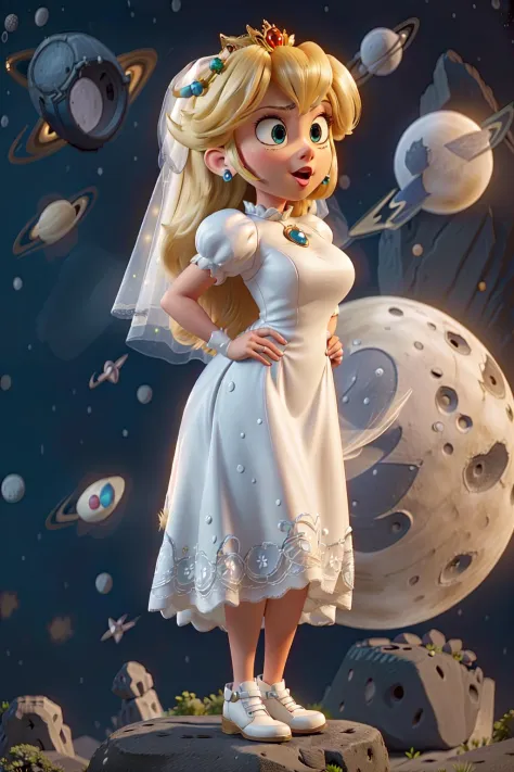 (princess peach movie:1.1),  (princesspeach:1.1), cute, sexy female, adorable, (large breasts:1.2), age 20, (angry:1.3), (mad:1.3), (wedding dress:1.3), (WeddingDress:1.3), (white shoes:1.4), (long white wedding dress:1.4), (standing on the rocky moon:1.7), (in outer space:1.5), perfect teeth, perfect mouth, (perfect hands:1.1), perfect face, perfect body, upset eyes, (best quality, sharp focus, masterpiece, 4k, ultra detailed, sharp focus, 8k, high definition, insanely detailed, intricate:1.2), <lora:PrincessPeachMovie:0.73>, <lora:orgasm_face_v10:0.5>