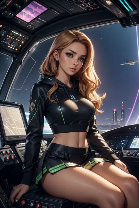 a woman in a black leather outfit sitting in a cockpit