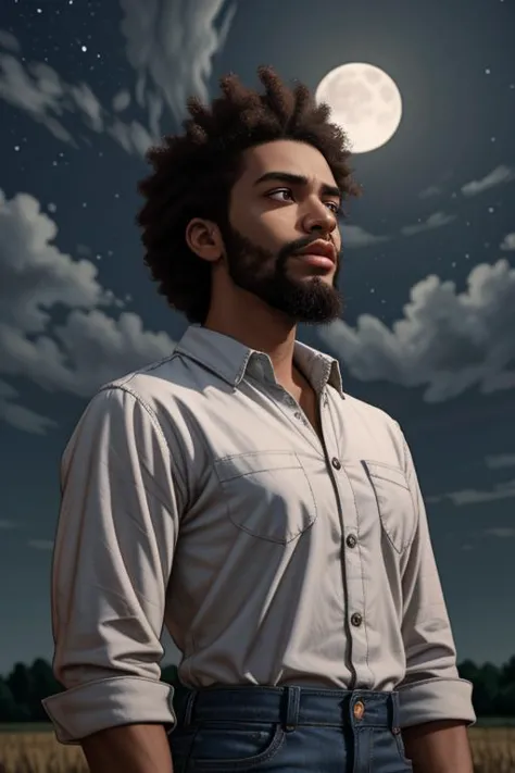 a man with a beard standing in a field under a full moon