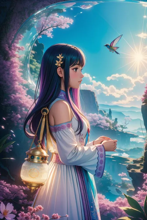 a girl in a dress standing in front of a mountain with a bird flying by