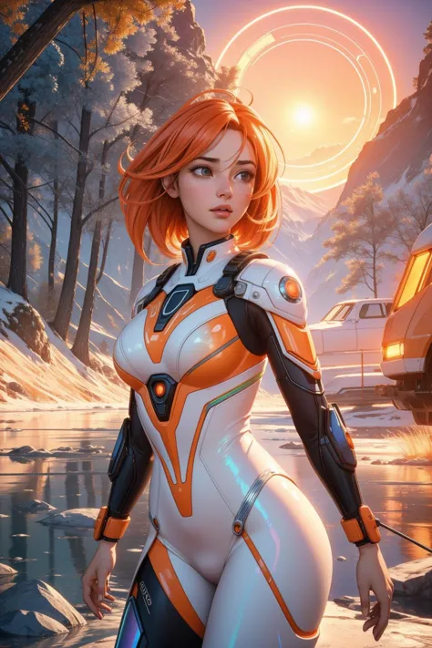 a woman in a futuristic suit standing in the snow