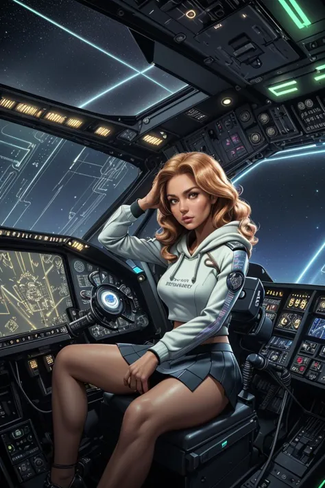 a woman in a space station with a spaceship and a spaceship