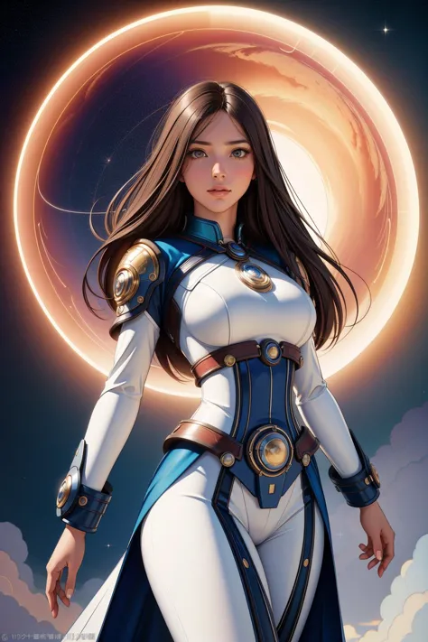 a woman in a white and blue outfit standing in front of a moon